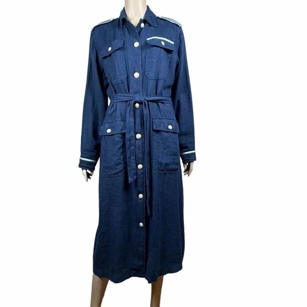 NWT L’AGENCE Kingsley Linen Shirt Dress Coat Navy Military Button Front Belted S